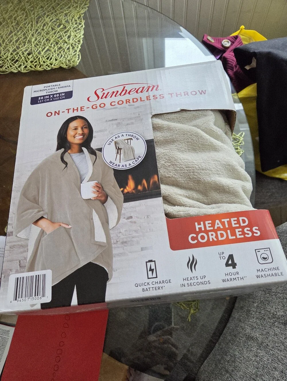 Sunbeam Gray On Heated Cordless On-The-Go Throw Cape New In Box